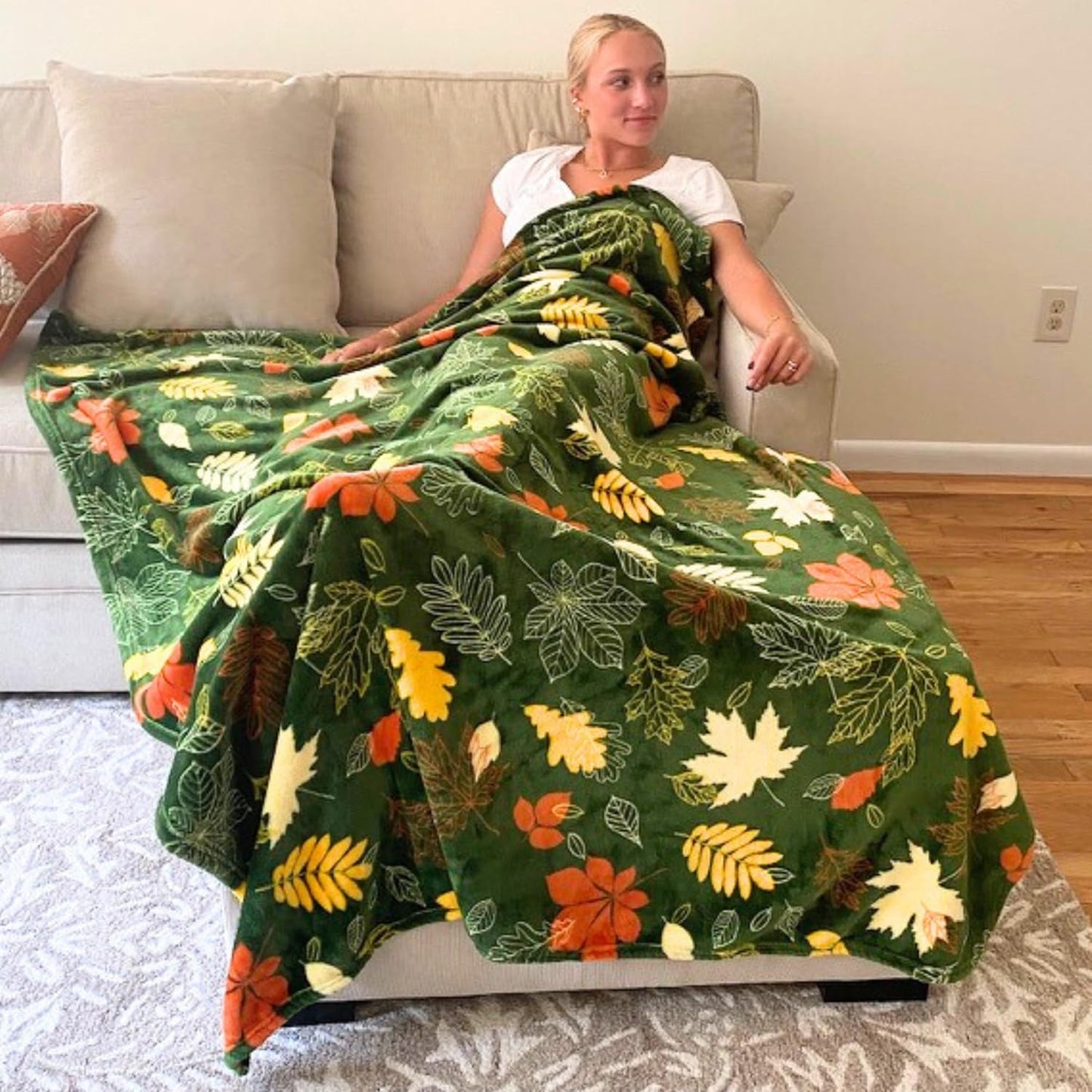 Fall Leaves Throw Blanket: Velvety Soft, Durable Fleece Accent for Bed Chair or Couch, Green Yellow Rust 50 x 70 inches