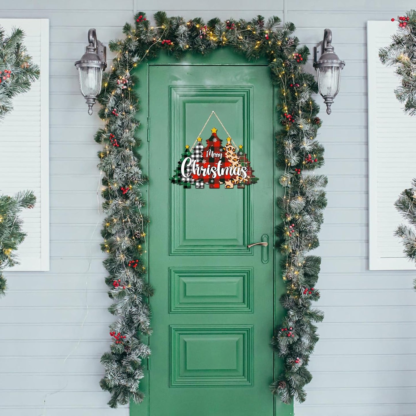 Wooden Christmas Tree Doors Wreath for Front Door Merry Christmas Wreath Hanging Sign For Front Doors Wall Signs Xmas Decoration Black Red Buffalo Plaid Hanging for Xmas Party Supply
