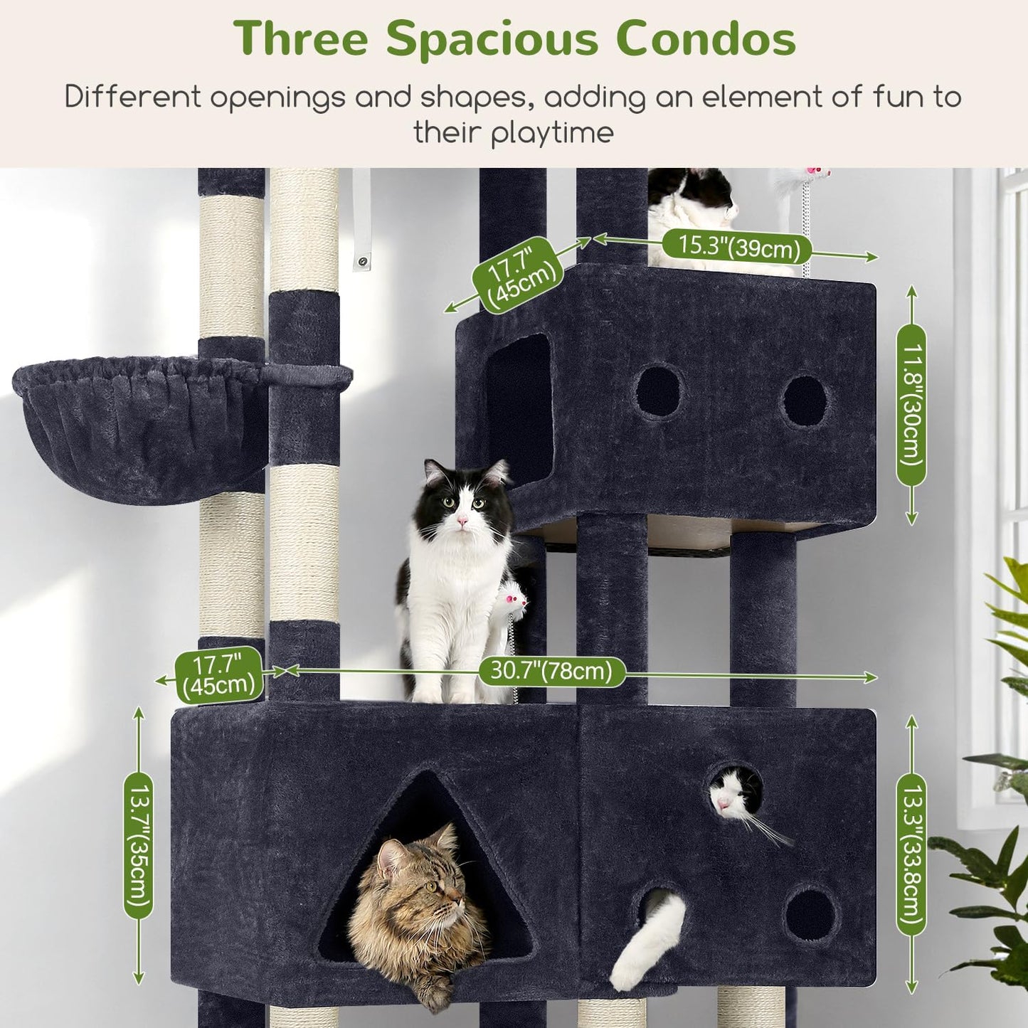 Globlazer Extra Large Cat Tower, 81-inch Tall Cat Tree for Big Cats 20 lbs, XXL Heavy Duty Cat Scratching Tower for Indoor Adult Cats with 3 Cat Condos, 8 Scratching Posts, F81, Dark Grey