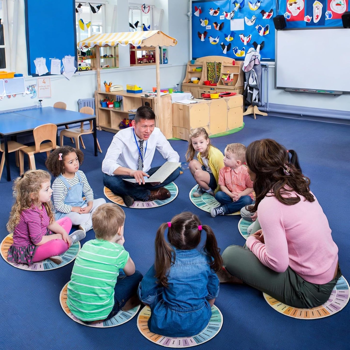 OBUSATT 12Pcs Carpet Circle Seats 15 Inch Round Classroom Rug Calming Corner Supply Non Slip Floor Cushions Mat for Back to School Mental Health Nursery Learning Playing Areas Decor(Feelings Wheel)