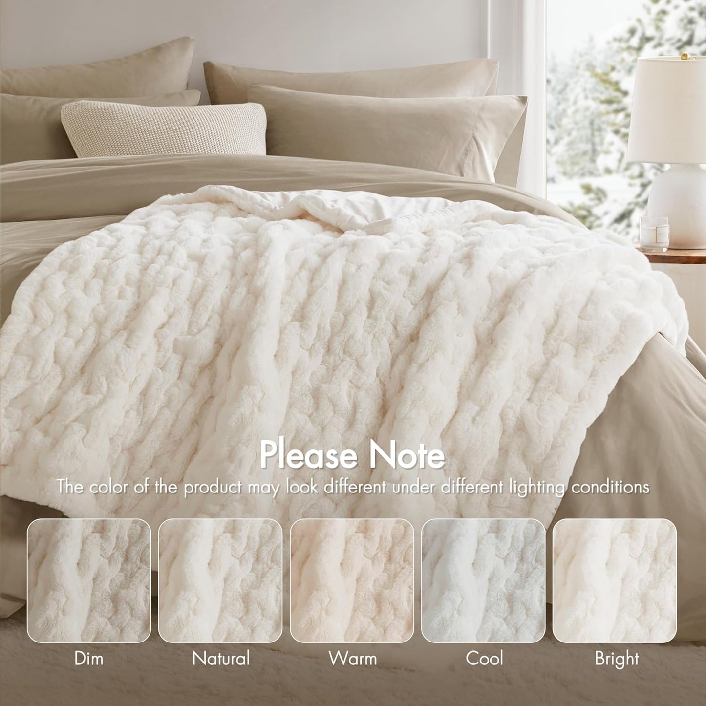 Madison Park Ruched Fur Luxury Throw Premium Soft Cozy Brushed Long Faux Fur For Bed, Couch or Sofa , 50x60" , Ivory