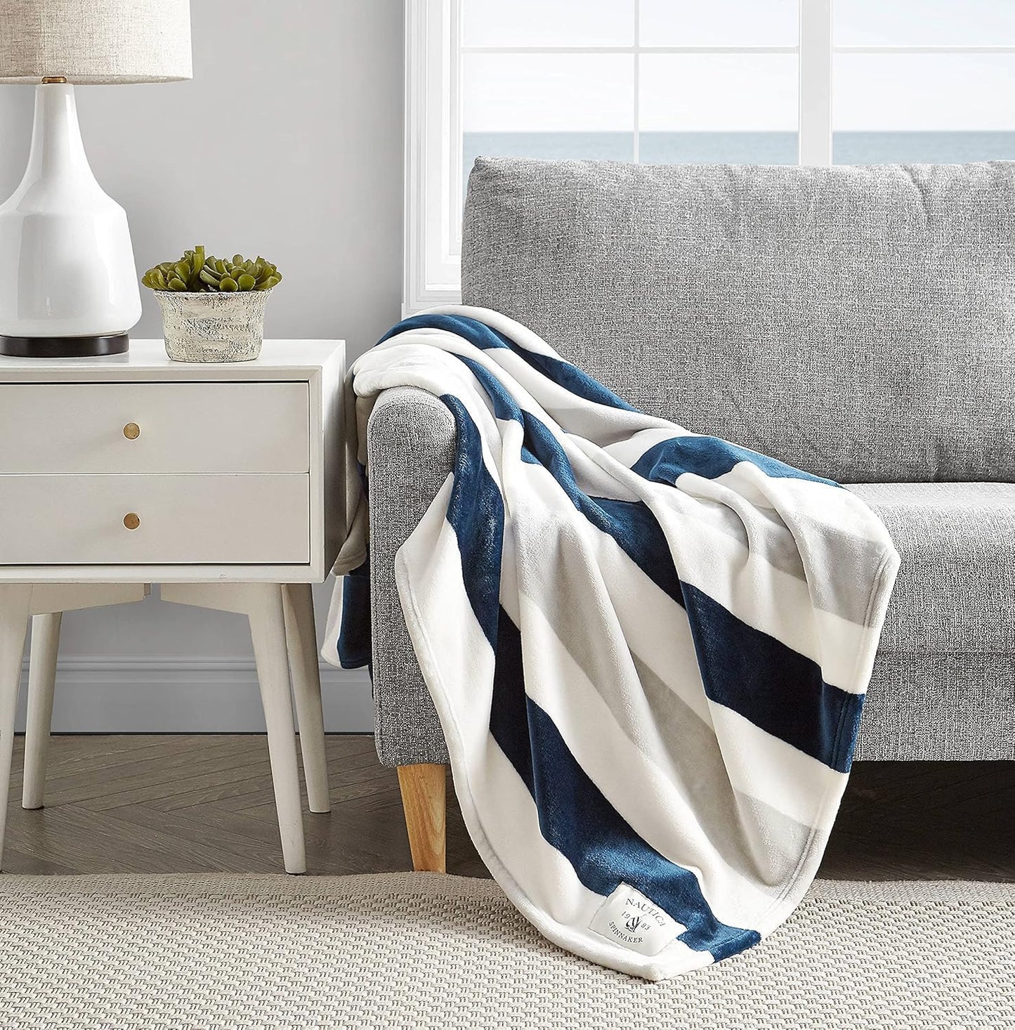 Nautica - Throw Blanket, Super Soft & Cozy Fleece Blanket, Lightweight Plush Bedding for Couch & Bed (Awning Stripe Navy, 50' x 60')