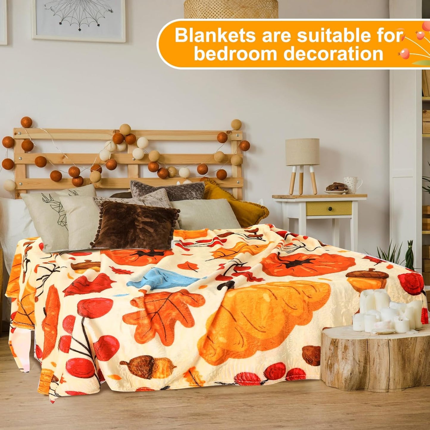 2 Pcs Large Thanksgiving Fall Blankets Pumpkins Orange Maple Leaf Soft Warm Plush Throw Fleece Cozy Lightweight Flannel Blankets for Living Room Couch Bed Chair Dorm Outdoor, 60"x80"