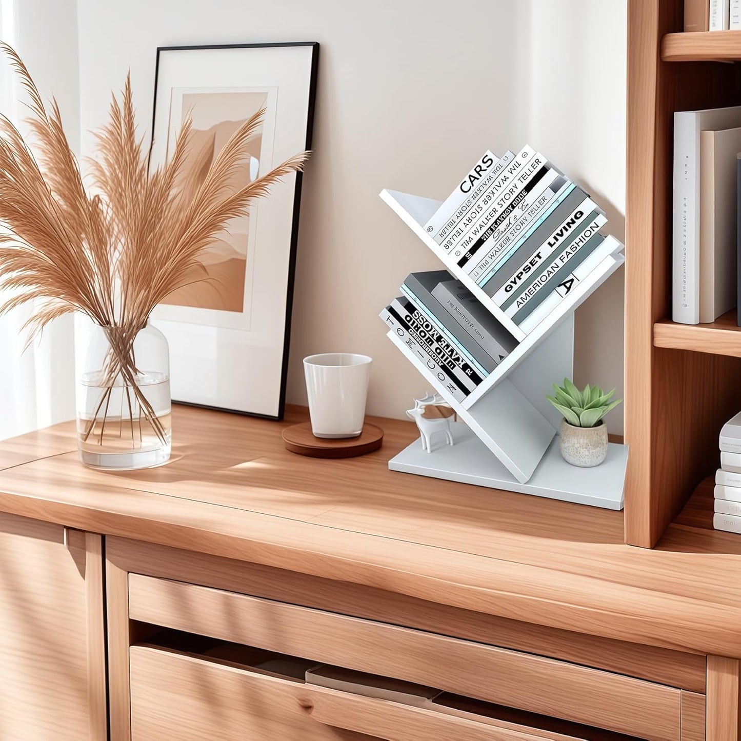 Godferyxin Tree Bookshelf, 3-Tier Small Book Shelf for Desk – Wood Bookcase with Storage Shelves, Compact Shelf for Living Room, Bedroom, or Home Office, White Finish, Holds Books, CDs, and Magazines