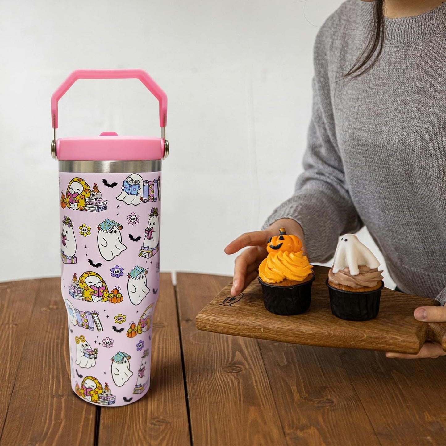 30oz Halloween Tumbler with Handle and Straw, Pink Ghost Insulated Tumbler, Leak Proof Travel Coffee Mug, Reusable Stainless Steel Ghost Tumbler, Halloween Gifts for Women (pink white)