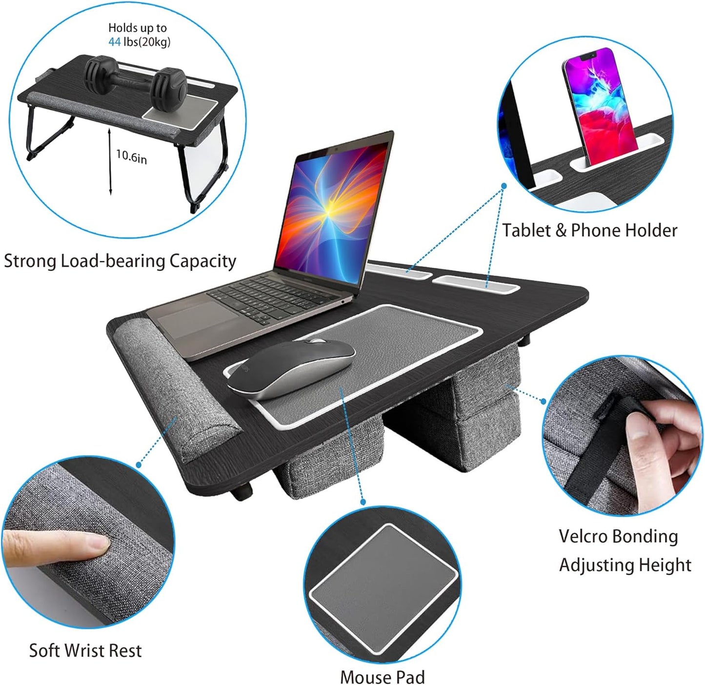 Laptop Lap Desk, Lap & Bed Desk with Adjustable Cushion, Fit up to 17" Laptop Stand for Couch, Foldable Computer Tray Table for Adults, with Wrist Rest, Tablet & Phone Holder, Mouse Pad