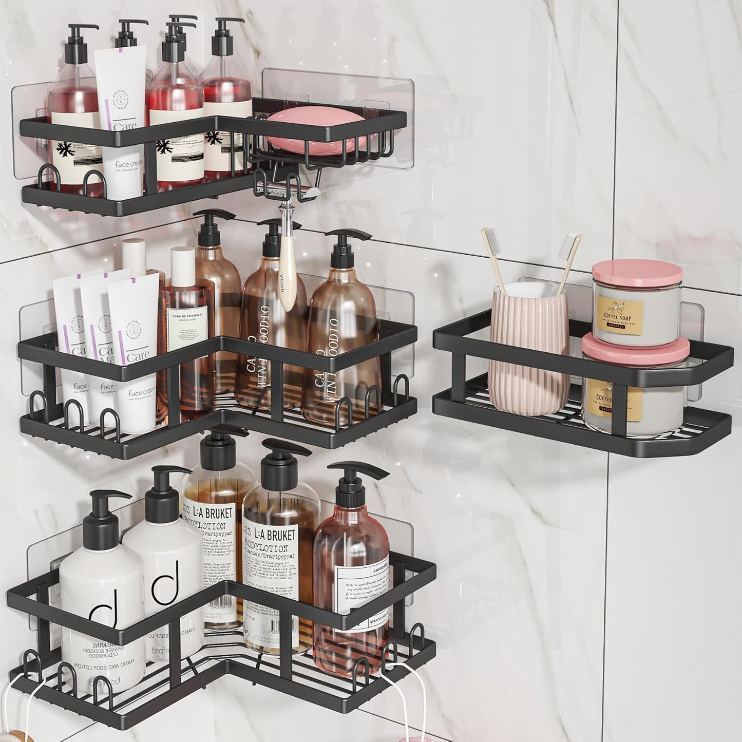 Shower Caddy Corner with Soap Holder, No Drilling Shower Shelves-Rustproof, Adhesive Shower Organizer Corner for Dorm. Black, 4-Pack