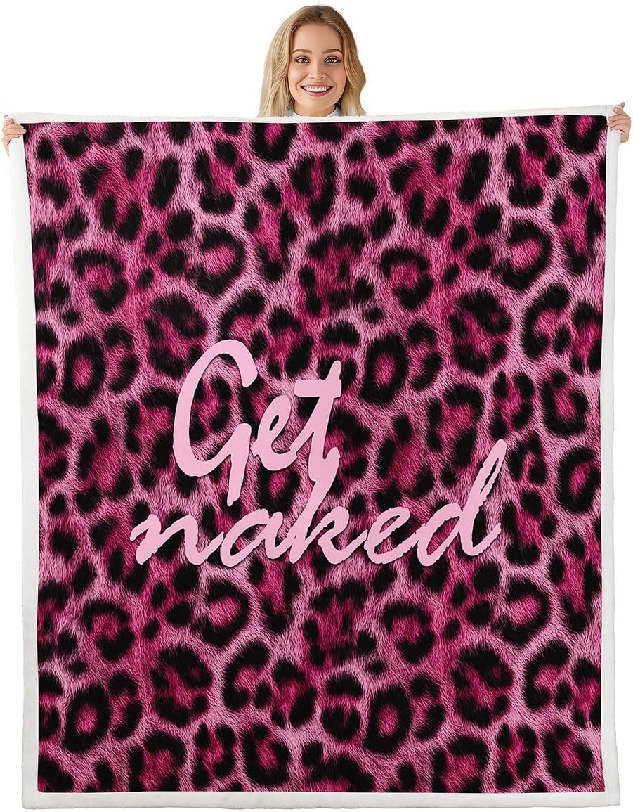Feelyou Leopard Print Get Naked Sherpa Throw Blanket for Couch Funny Quotes Super Soft Cozy Fleece Pink Blanket for Winter, Plush Throw Cheetah 40"x50" All Season