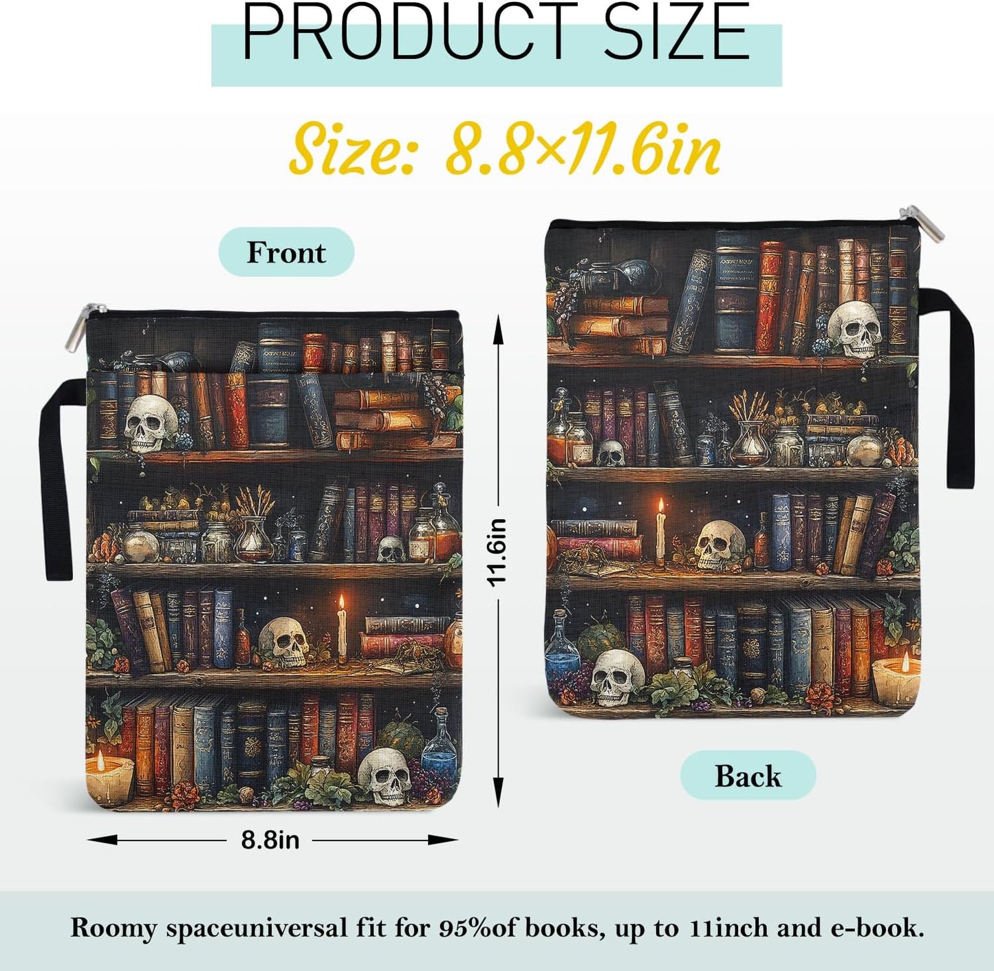 Goth Skull Book Sleeve for Book Lovers, Paperback Sleeve for Librarian Lovers Bookish Group Club Gifts for Women, Book Cover with Zipper and Handle for paperbacks 9 x 12 Inch