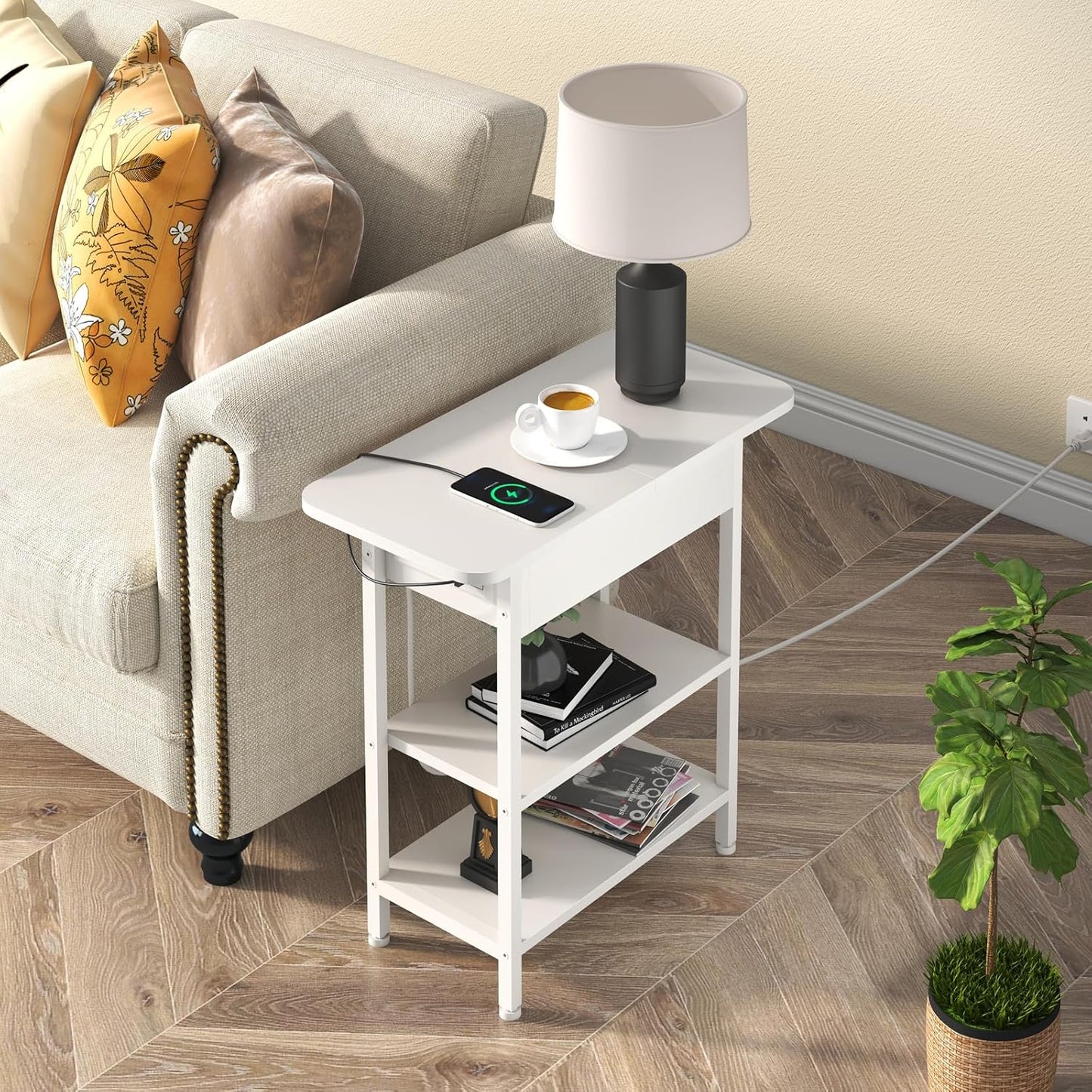 LIDYUK End Table with Charging Station, Flip Top Side Table with USB Ports and Outlets, Nightstand for Small Spaces, Bedside Tables with Storage Shelf for Living Room, Bedroom, White