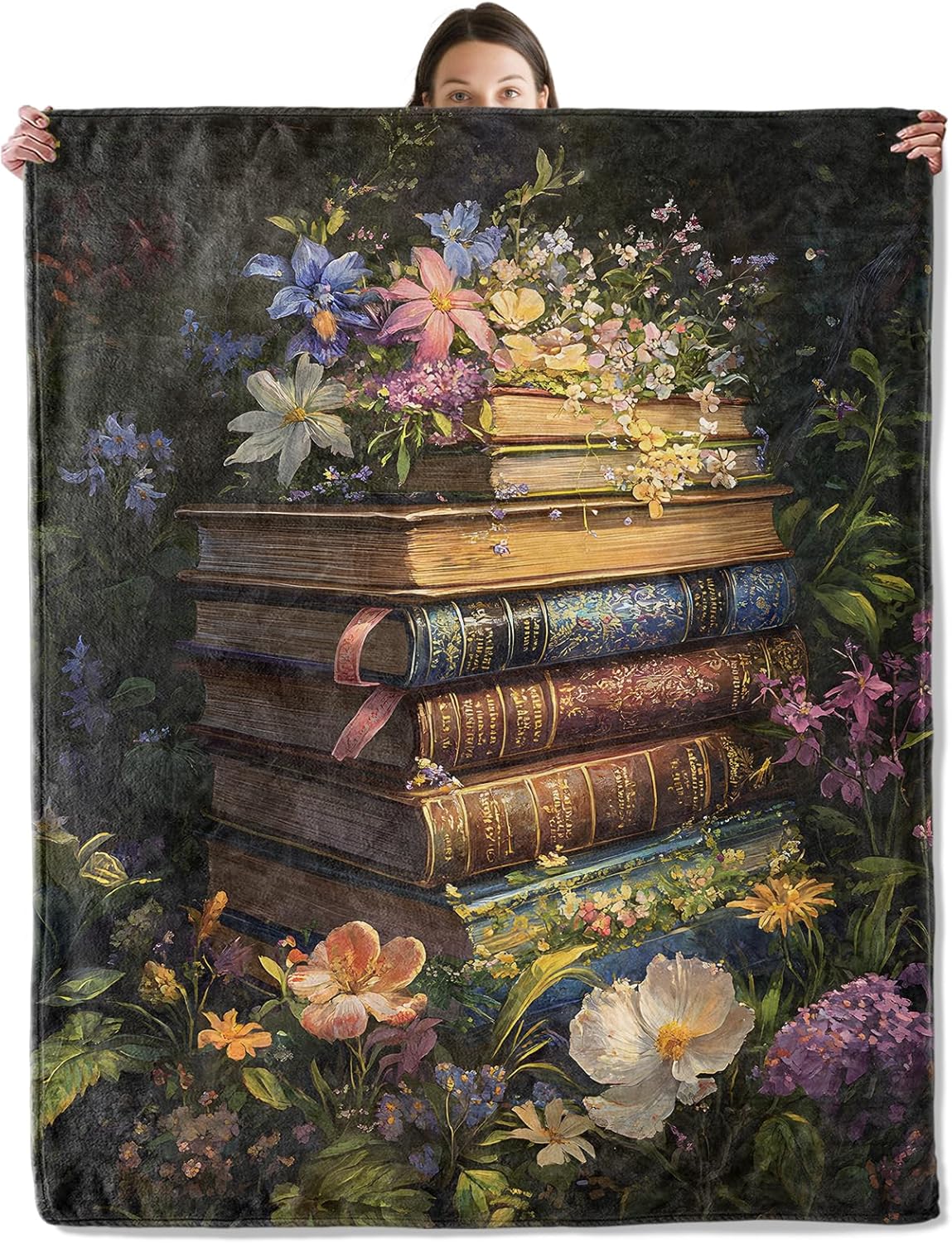 Vintage Book Blanket, Cozy Flannel Antique Books & Flowers Throw Blanket for Couch Outdoor, Plush Soft Lightweight Travel Blankets for Bed Decor and Gifts, for Adults Kids Women 50"x60"