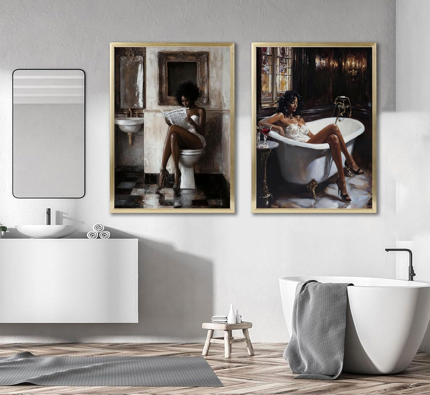 2pcs Black Women Bathroom Canvas Wall Art African American Bathroom Posters Prints Paintins Fashion Black Girl Reading Newspaper Wall Decor Pictures for Toilet Restroom Furniture Decoration Unframed