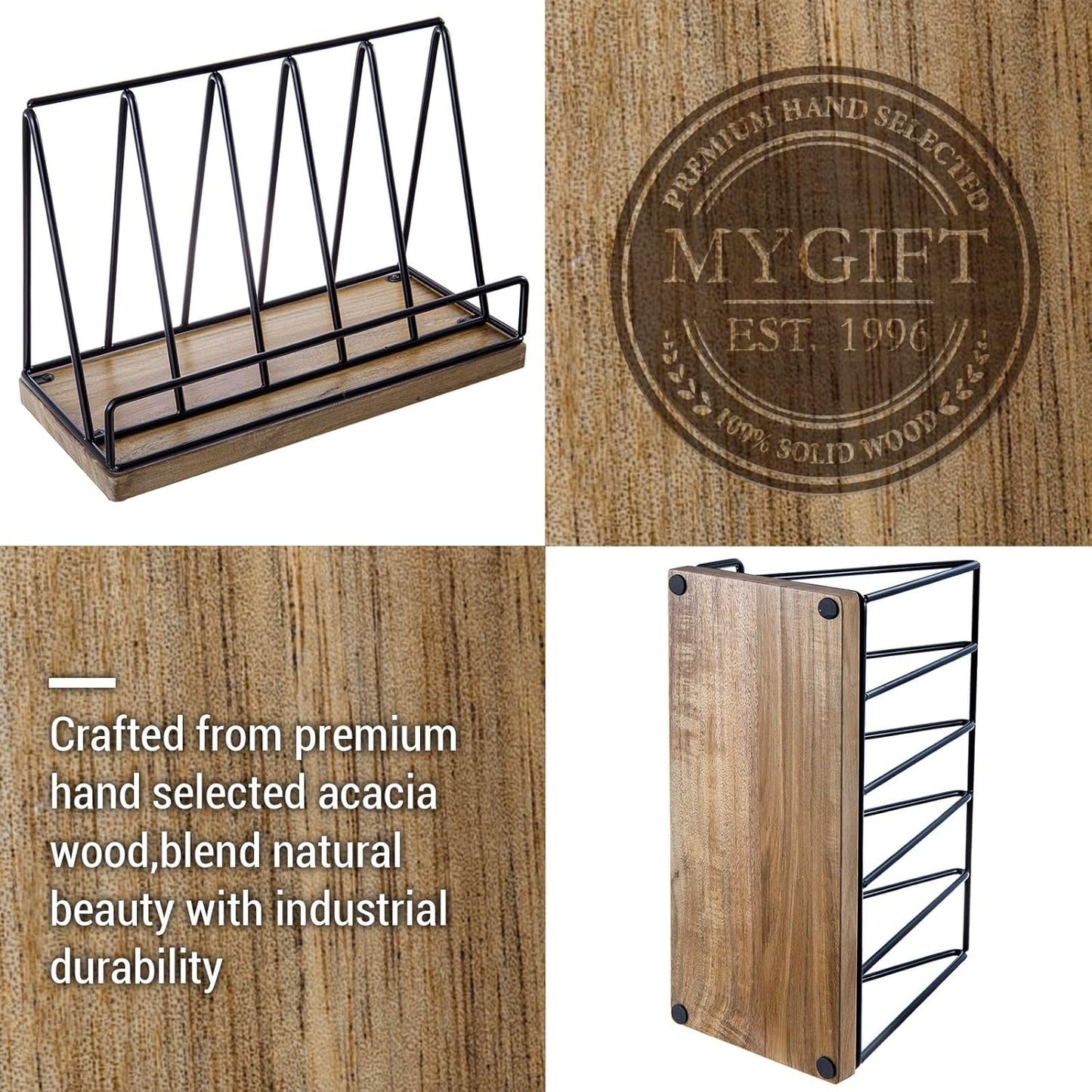 MyGift 13 Inch Premium Acacia Solid Wood and Matte Black Metal Wire Kitchen Countertop Cookbook Stand, Rustic Wooden Cooking Recipe Book Display Tablet Holder