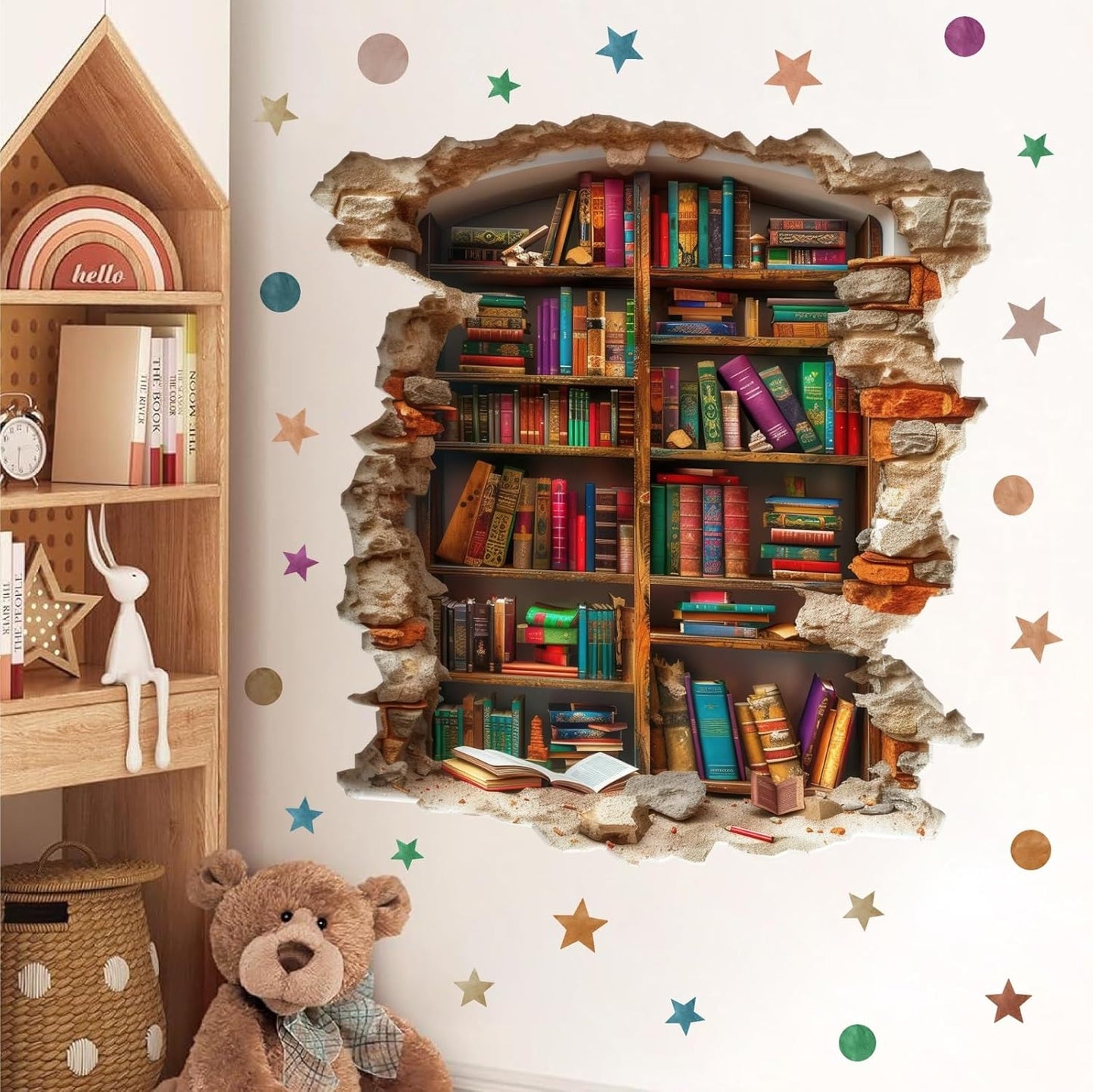 Large Vintage Book Wall Stickers 3D Broken Wall Decals Peel and Stick Reading Room Art Murals Read Signs Vinyl Decal Bookshelf Art Decorations DIY Walls Sticker for School Library Classroom Home Decor