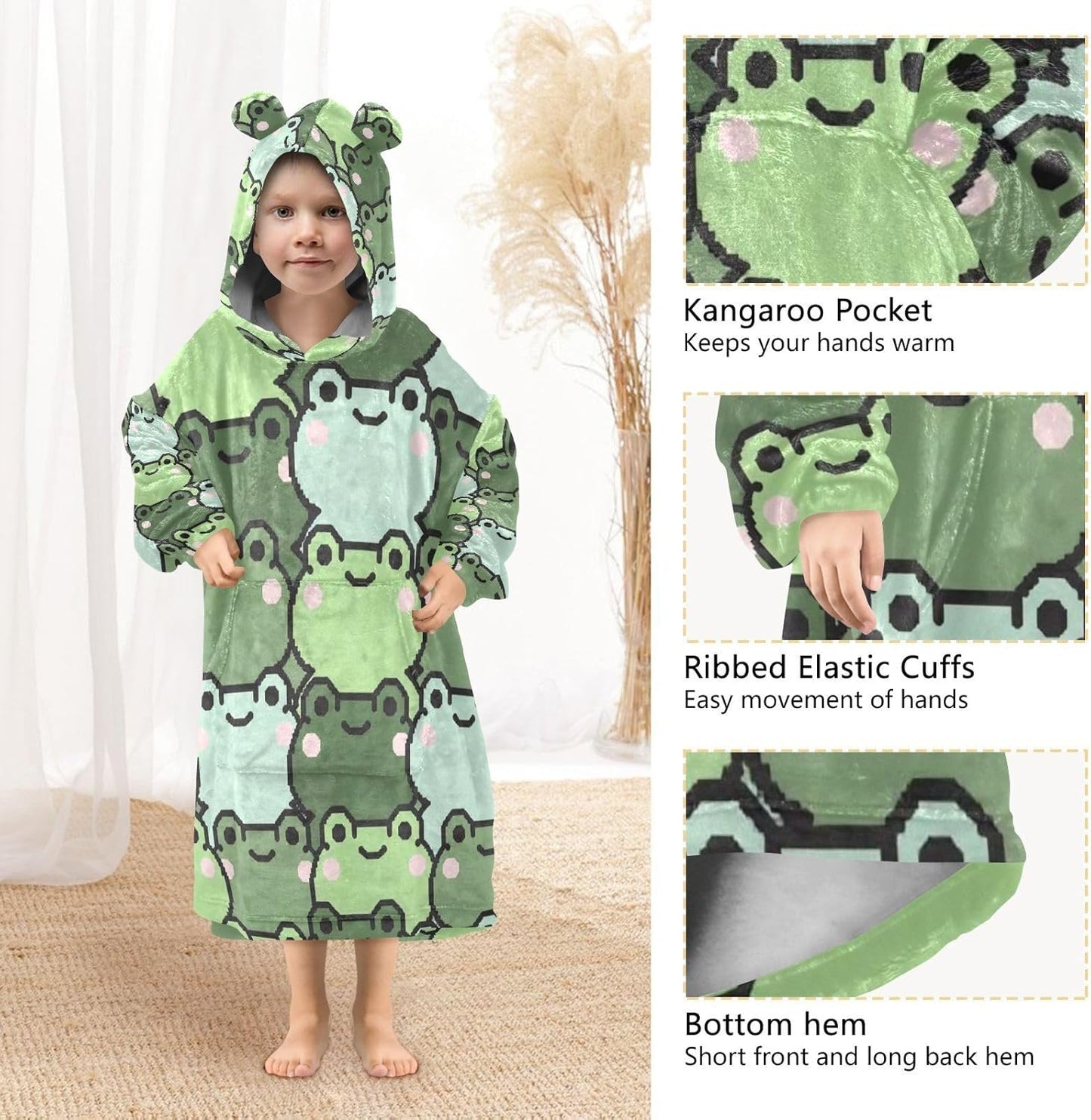 CEBUGI Capybara Pattern Wearable Blanket for Kids Blanket Hoodie with Kangaroo Pocket for Boys Girls age 3-14,S