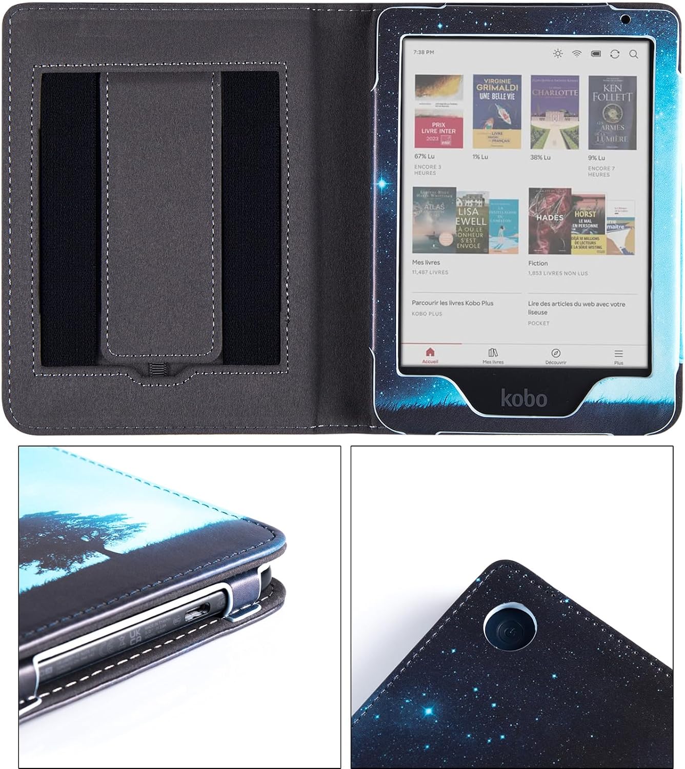BOZHUORUI Stand Case for 6" Kobo Clara Colour | BW | 2E Case with Hand Strap, Premium PU Leather Sleeve Cover with Auto Sleep/Wake (Vast Starry Sky)
