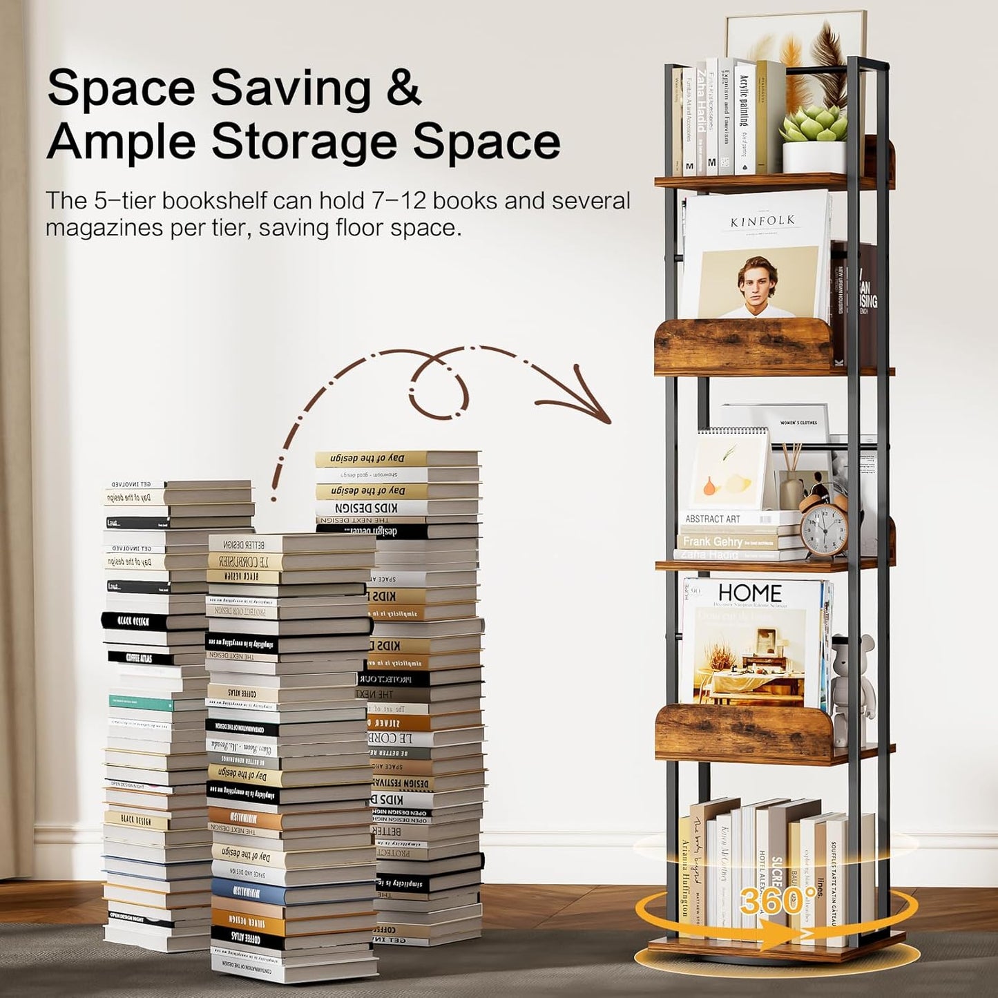 Bikoney Rotating Bookshelf, 360 Display Spinning Bookshelf Tower, 5-Tier Narrow Bookcase, Tall Industrial Book Shelf Organizer, Small Corner Book Shelves for Living Room, Black