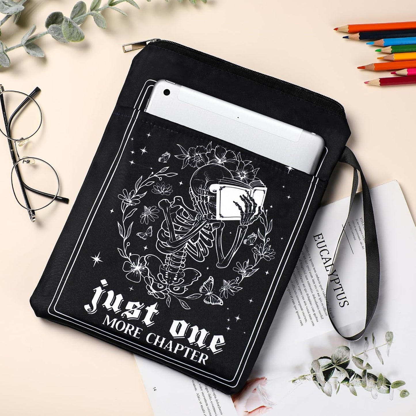 Gothic Skeleton Book Sleeve - Tarot Card Book Sleeves Office Just One More Chapter Skull Waterproof Book Covers with Zipper Pouch Front Pocket Romance Washable Gifts for Books Lover Reader