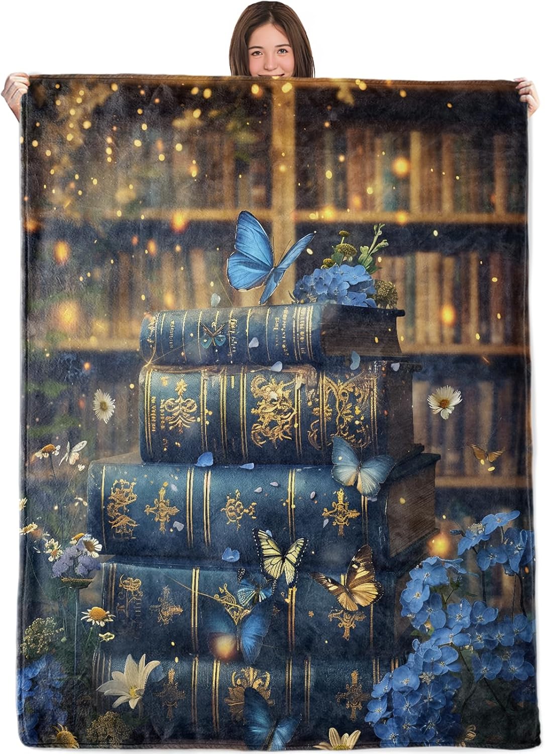 Vintage Book and Butterfly Blanket,50x60in,Cozy Flannel Throw with Elegant Blue and Gold Book Stack Floral Design,Soft Lightweight Gifts Blankets for Women,Sofa Bed Travel Reading Nook Decor