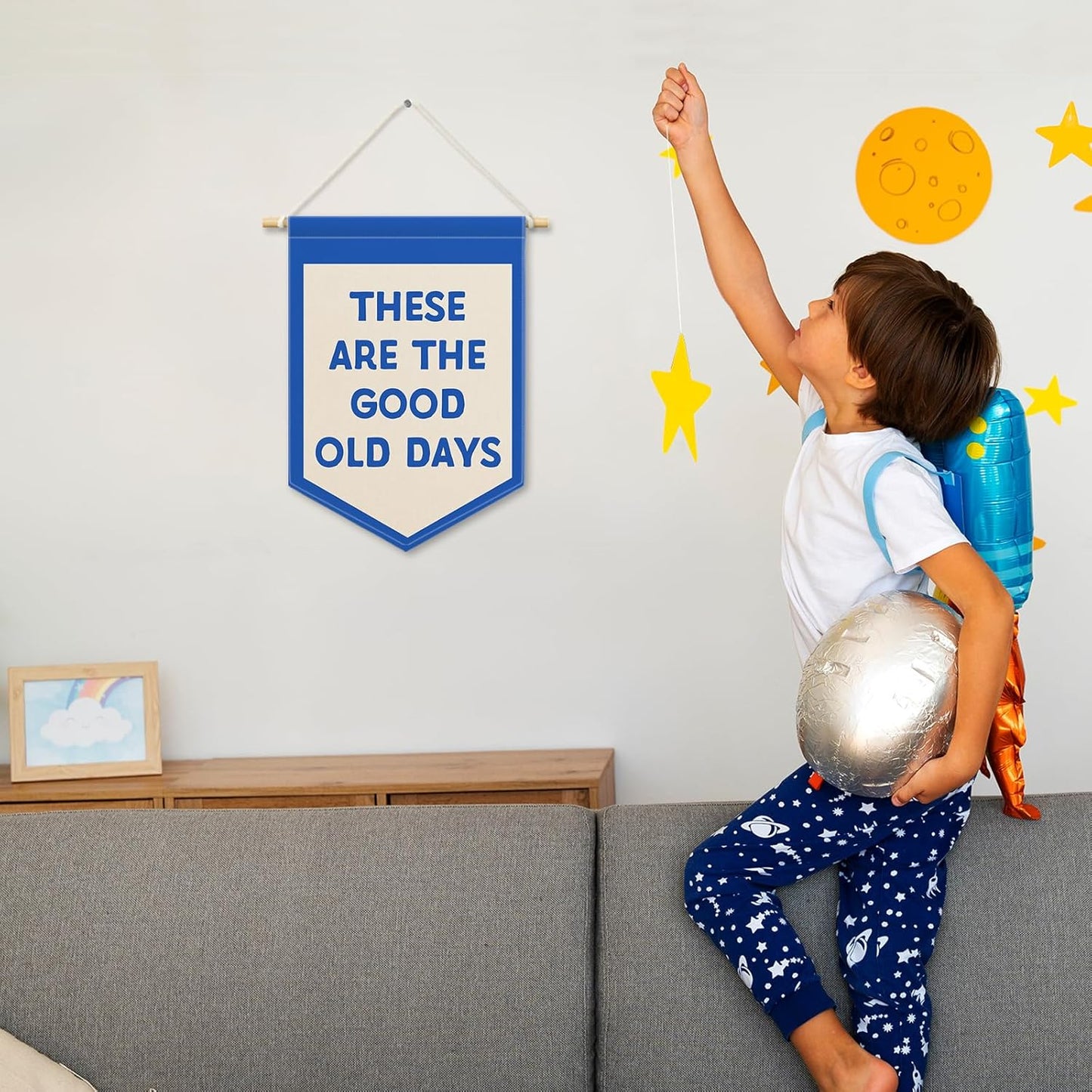 These Are the Good Old Days Boys Kids Room Decor, Playroom Banner Canvas, Nursery Trendy Blue Wall Hanging Frame Decor Art Pennant Flag for Toddler Living Room Preschool Dorm 11x15in