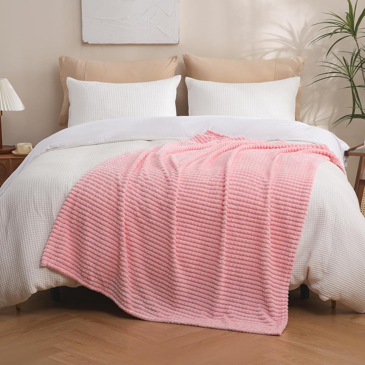 Puncuntex Flannel Fleece Throw Blanket Light Pink 90"×90",Super Soft Plush Cozy Blanket with Square Grid Design Luxury for Couch Sofa Chair