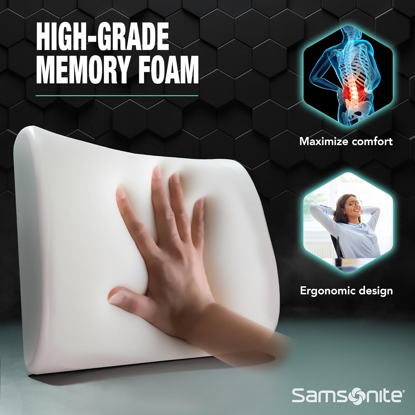 Samsonite Memory Foam Lumbar Support Pillow for Office Chair, Gaming Chair, or Automotive Use, Ergonomic Back Cushion, Home Office Essentials for Sitting Comfort and Posture Relief Back Support