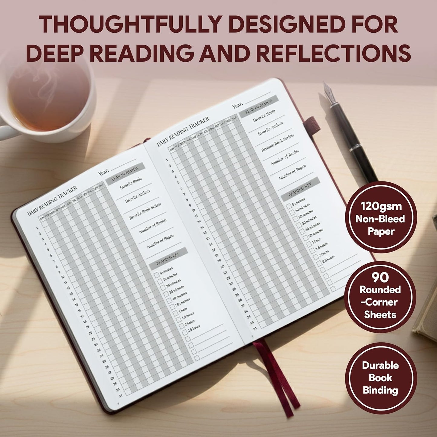 Decorably 75 Reviews Gold Foiled Reading Journals for Book Tracking with Stickers, 90 Sheets 6x8.5in with Pages: Index, Daily Tracker, Log, Wish List, Review, and Favorites