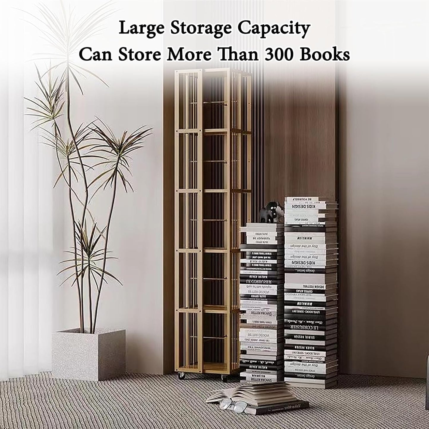 Bamboo Rotating Bookshelf With Wheels 360 Display MDF Spinning Bookshelf Tower 5 Tier Floor Standing Bookcase Storage Rack Revolving Bookcase Corner Bookshelf For Small Space Bedroom Study Room(Origin