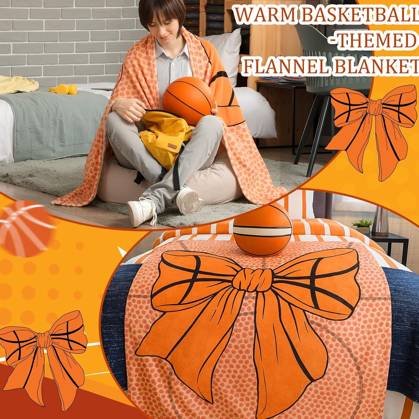 Basketball Bow Blanket for Gifts Girls Sport Lover 50" x 60" Coquette Basketball Throw Blanket Orange Bow Flannel Soft Warm for Fans Team Ball Lover Player Game