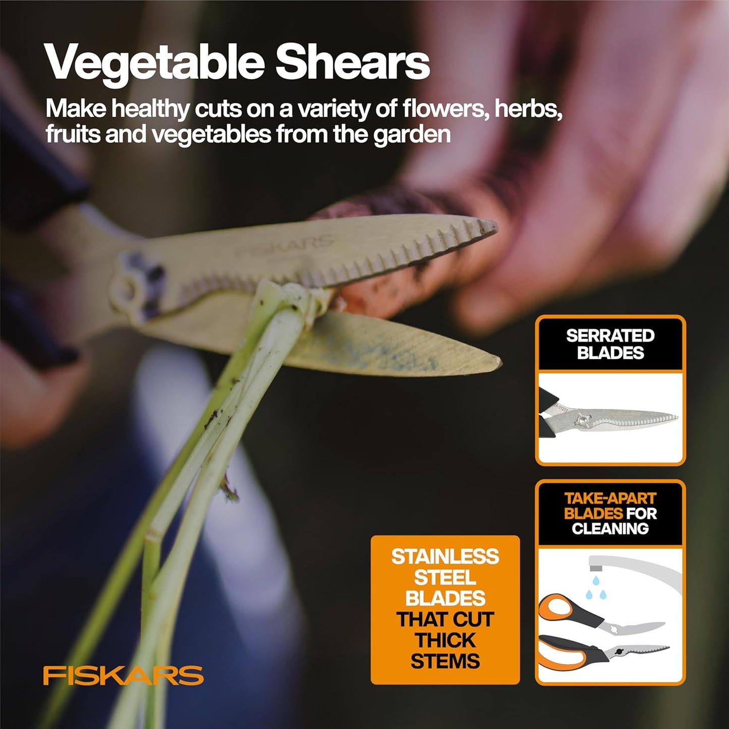 Fiskars Vegetable Gardening Essentials 6-Piece Tool Set for Cultivating, Serrated Stainless Steel Shears & 4-in-1 Seed Sower for Planting, Rust-Resistant Steel Trowel, Cultivator, Weeder, L/XL Gloves