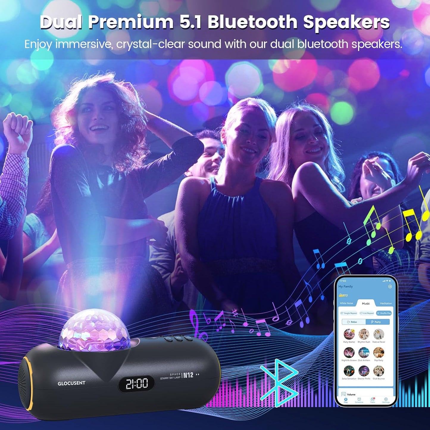 Glocusent Star Projector: 60 Soothing Sounds White Noise Sound Machine with HiFi Bluetooth Speaker for Bedroom - Galaxy Projector Work with App(2.4Ghz WiFi), Gifts for Adults Kids Birthday (BlackⅠ)