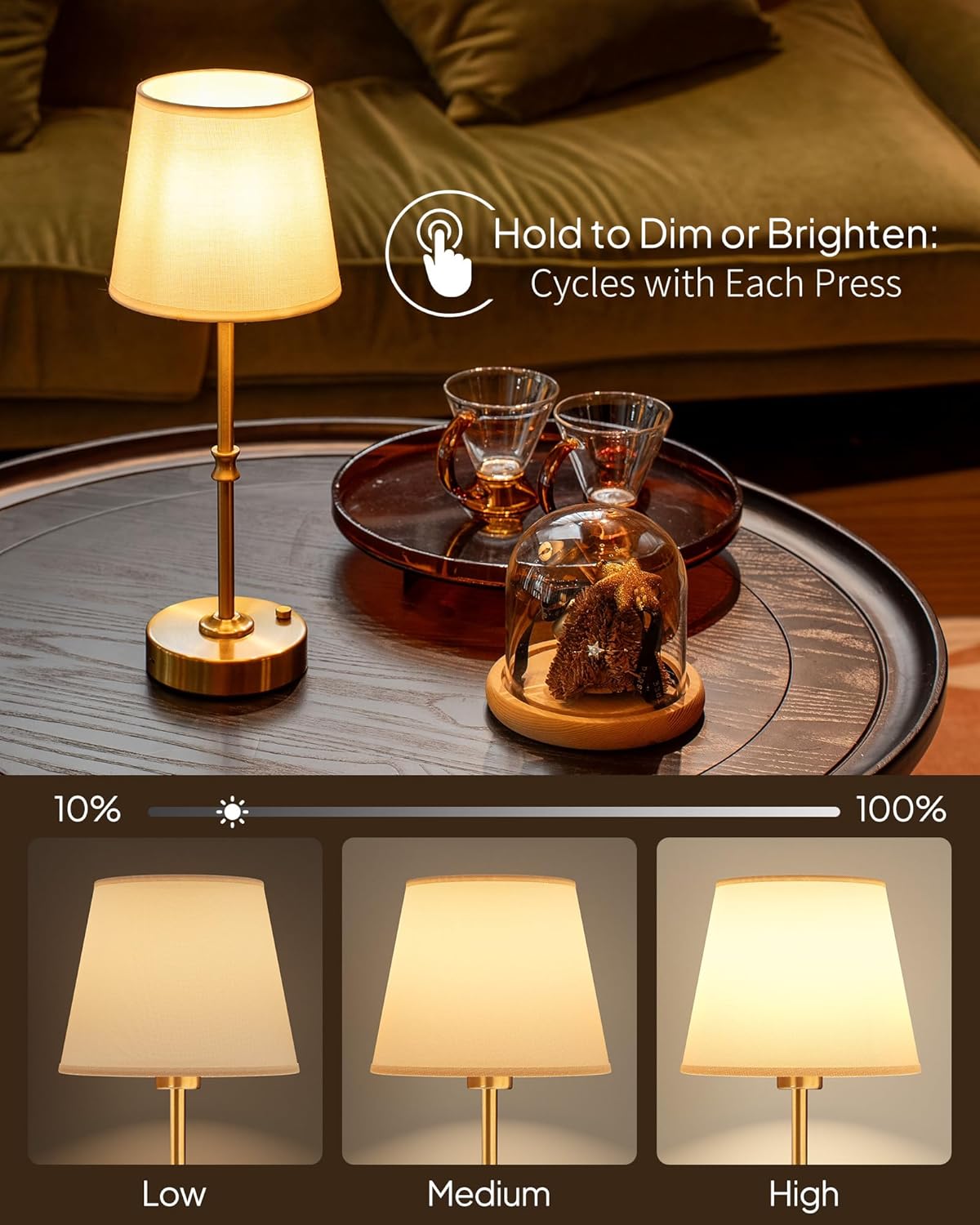 EppieBasic Cordless Table Lamp Rechargeable: Fast Charging & Long Lasting - 2700K Warm Light Vintage Gold Lamps for Women Housewife - Dinning Living Room Bedroom