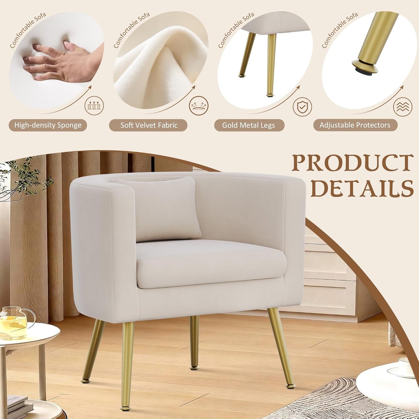 Velvet Accent Chair with Gold Legs Modern Upholstered Barrel Chairs Ivory Armchair for Living Room Bedroom