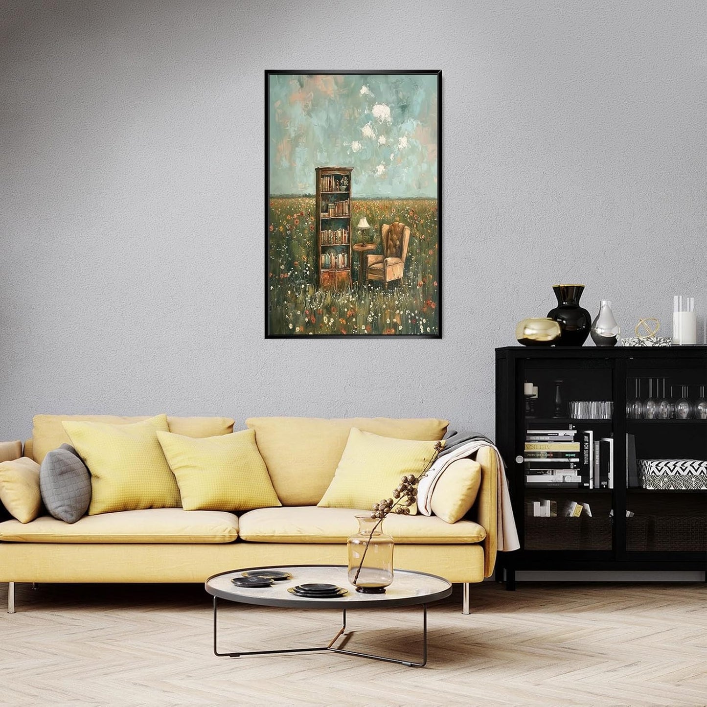 Retro Bookshelf Books Canvas Posters Floral Field Reading Book Wall Art Rustic French Country Bookish Prints Painting For Living Room Bedroom Library Wall Decor 8x12in Unframed