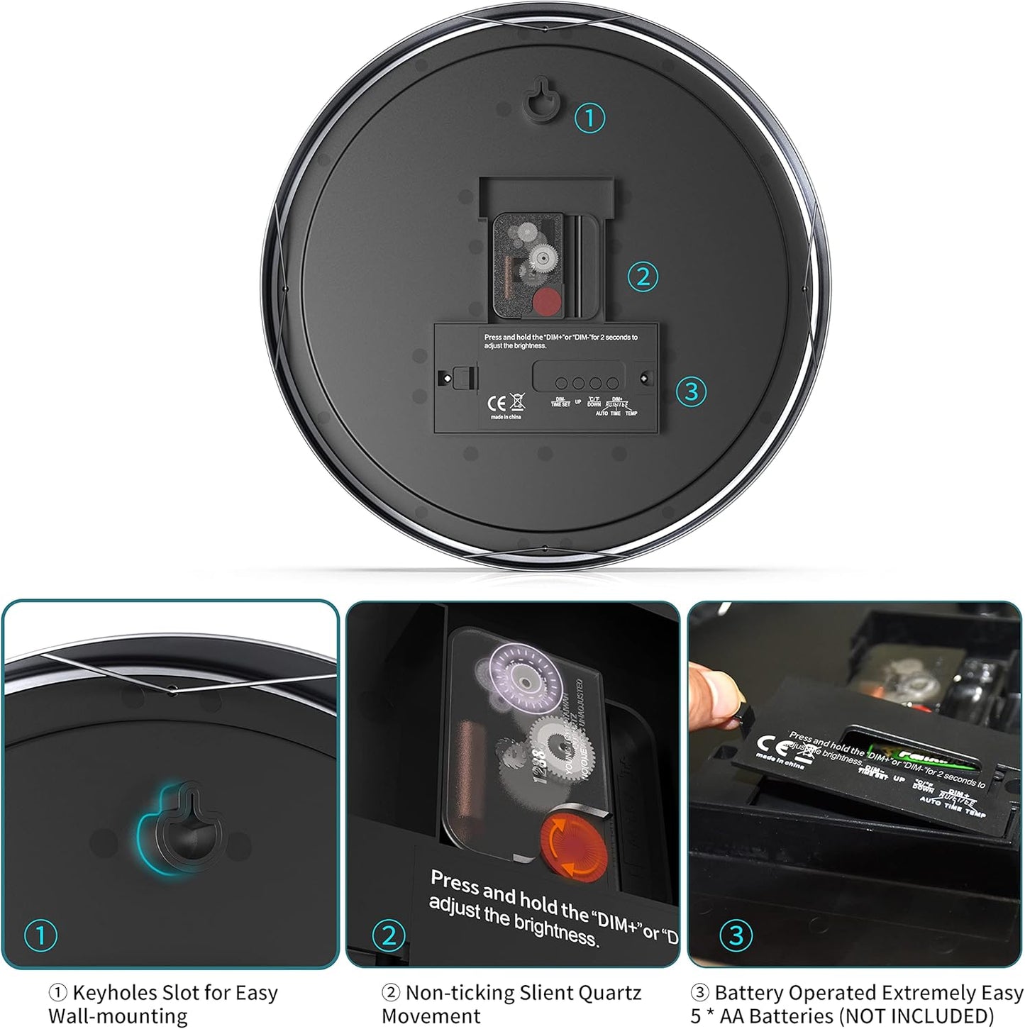 Wall Clock, 12" Metal Quartz LED Wall Clock, 1.4'' Light Sensor Auto Digital LED Time Display or Temperature, Adjustable Brightness, Battery Operated, Non Ticking Silent Quiet Sweep Second Hand