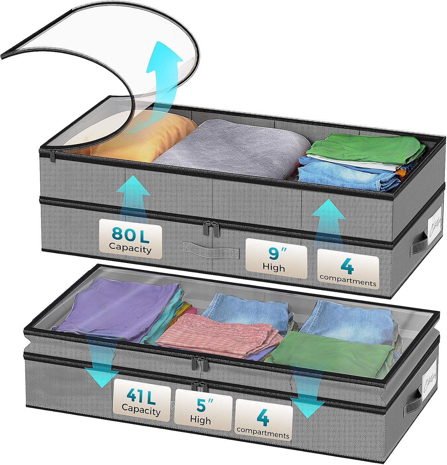 【4 compartments】2 Pack Under Bed Storage, Double Layer Extensible Underbed Storage Containers,Dust-free Clothes Storage Bins with Sturdy Sidewalls/Bottom,PVC Clear Window for Shoes Storage Organizer