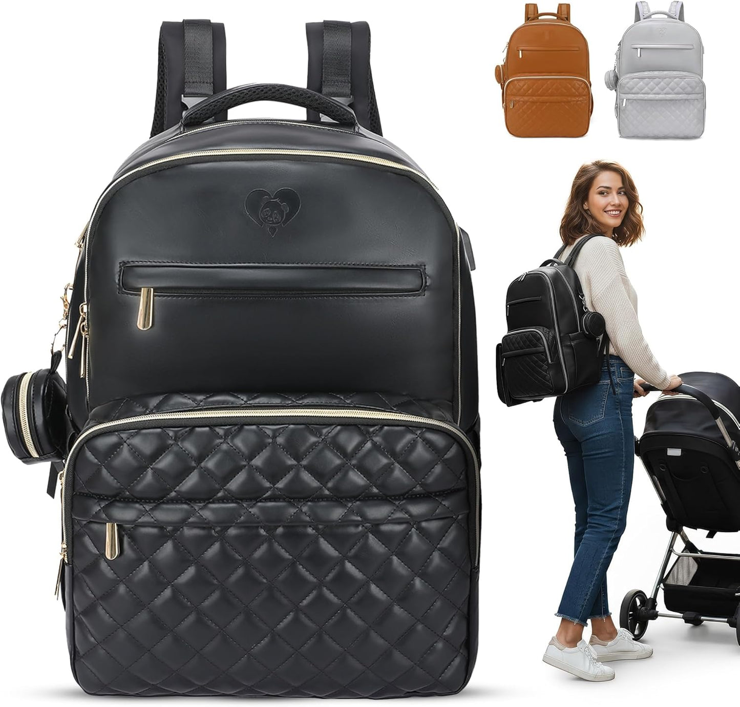 Large PU Leather Diaper Bag Backpack Set (3-Piece) – Baby Bag with Large Changing Pad, Insulated Warm/Cool Bottle Pockets Organization, Newborn Essentials Travel Gift for Mom & Dad, Best Baby Shower
