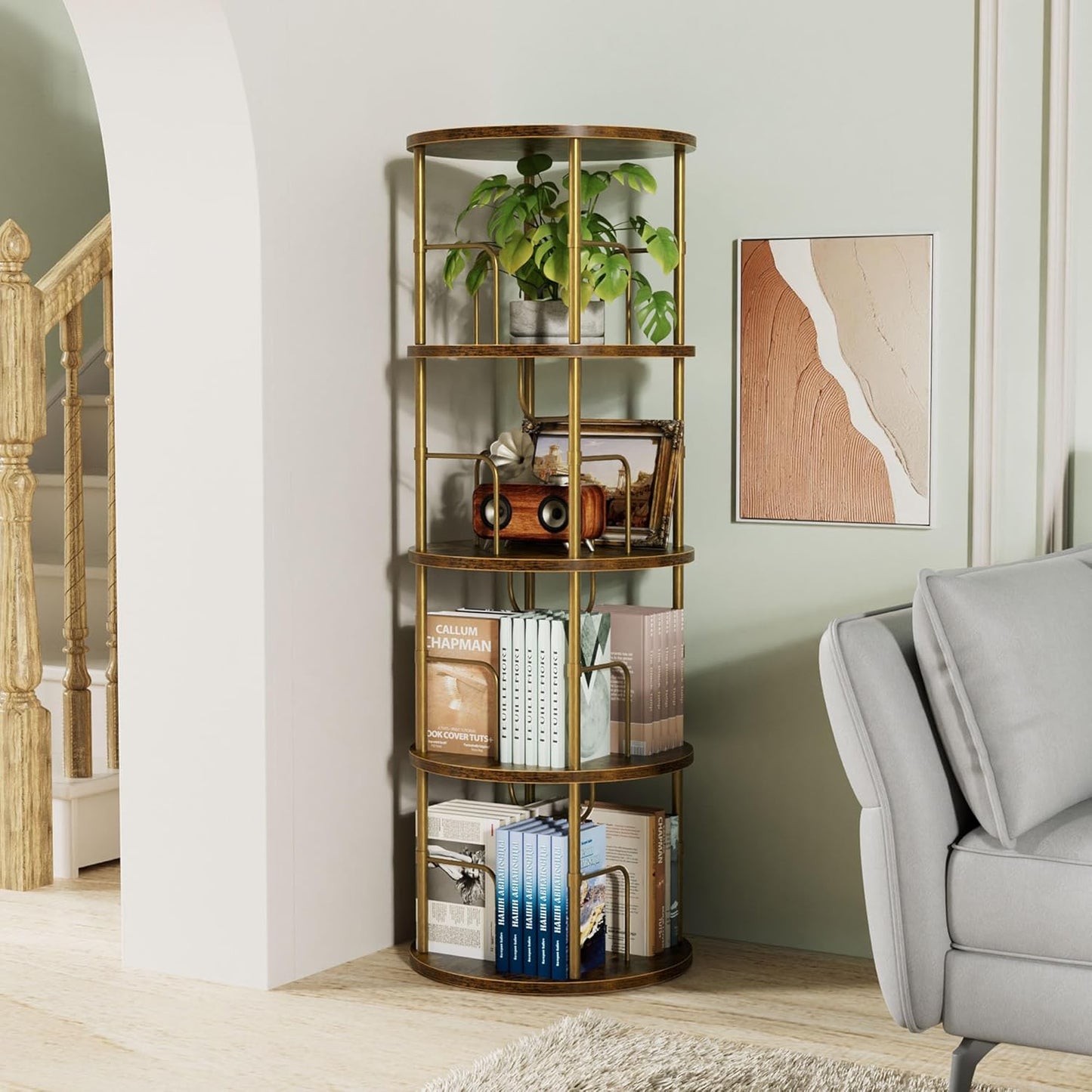 Flycity 4 Tier Rotating Bookshelf, 360° Corner Bookshelf Tower, Round Revolving Bookcase with Special Visible Partition Storage, Narrow Book Shelf Organizer for Living Room, Small Space, Gold