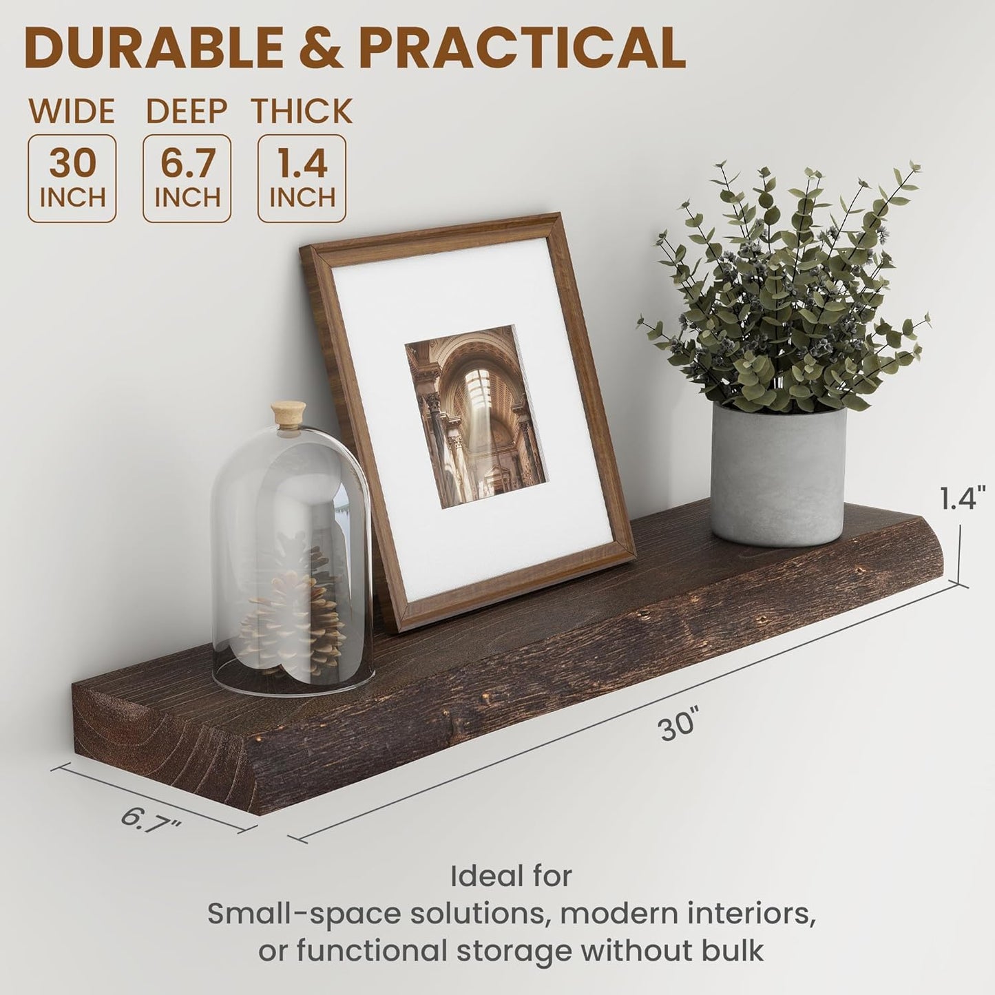 30 Inch Floating Shelves for Wall, Solid Elm Wood Live Edge Floating Shelves for Bedroom Living Room Bathroom, Wall Mounted Wooden Shelf with Invisible Bracket for Books Decor Storage, Walnut