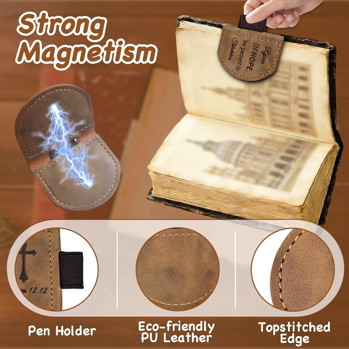 Magnetic Leather Bookmark with Pen Holder - Inspirational Bible Verse Scripture Design, Book Marker for Book Lovers Men Women (Brown-Romans 12:12)
