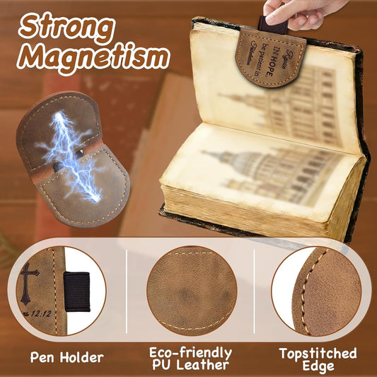 Magnetic Leather Bookmark with Pen Holder - Inspirational Bible Verse Scripture Design, Book Marker for Book Lovers Men Women (Brown-Romans 12:12)