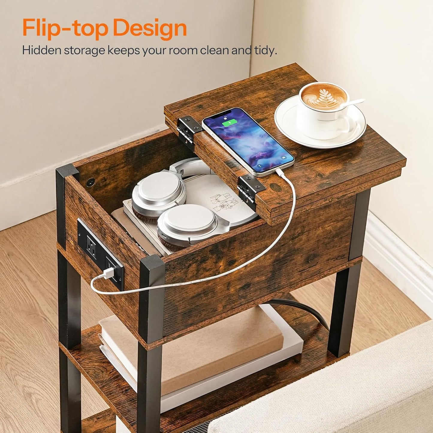 HOOBRO End Table with Charging Station, Flip Top Side Table with USB Ports, Narrow Nightstand Bedside Tables with Storage Shelves, for Small Space, Living Room, Rustic Brown and Black BF141UBZ01