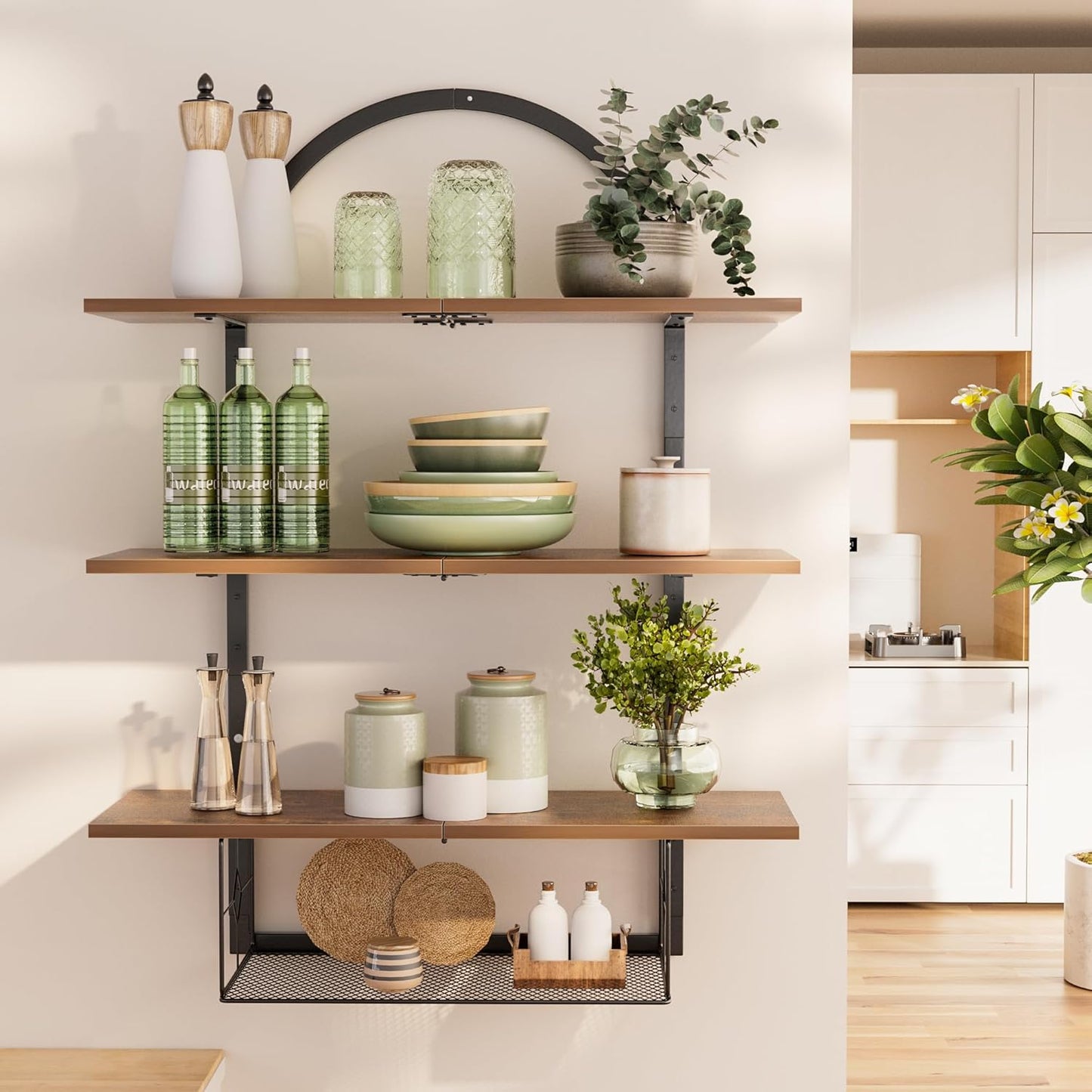 Floating Shelf for Wall- 31.5"x 24" 3+1 Tier Floating Shelves with Basket for Bathroom, Living Room,Bedroom and Kitchen Rustic Brown