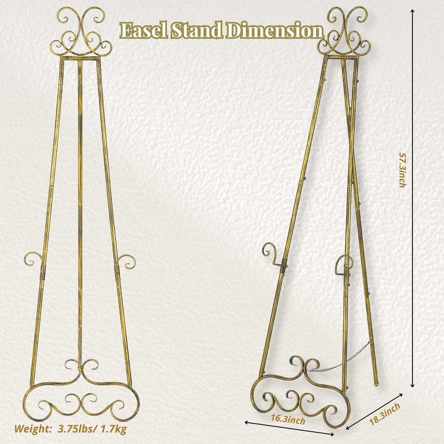57”H Metal Easel Stand for Sign Rustic, Upgrade Large Free Standing Adjustable Display Scroll Easel Stand, Heavy Duty for Mirror Pictures Wedding Holder Showcasing with Chain Support