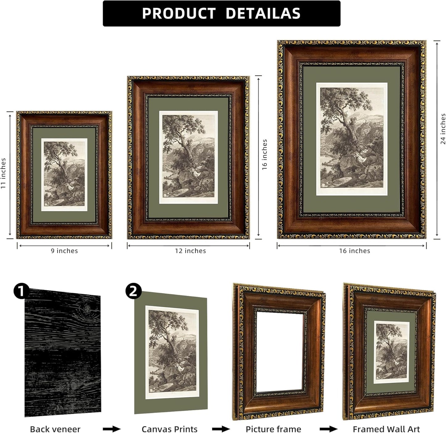 Vintage Landscape Framed Wall Art Antique Tree Sketch Engraving Prints Classic Nature Mountain Artwork Rustic Farmhouse Dark Academia Wall Decor for Living Room Bedroom Office