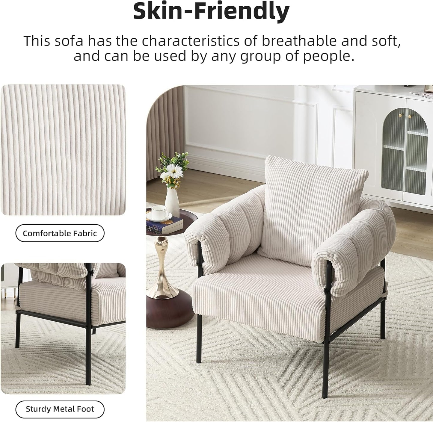 Modern Velvet Accent Chairs Set of 1, Comfy Large Living Room Sofa Chair, Upholstered Fabric Armchair with Pillow and Metal Legs for Office/Bedroom/Reading Beige