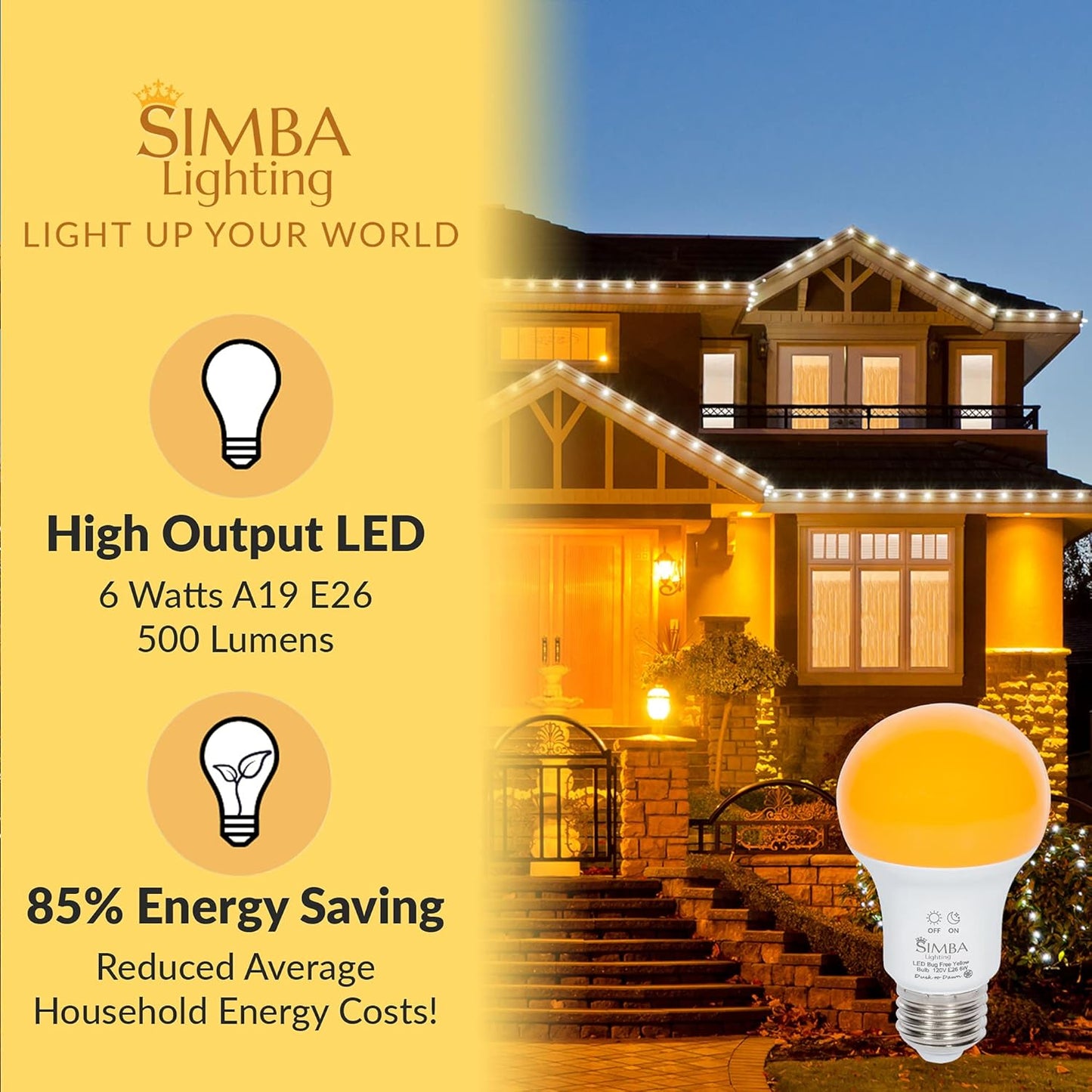 Simba Lighting Bug Non-Attracting Yellow LED Bulb 6W 40W Equivalent, Great for Outdoor Porch Light, Night Light, Dusk-to-Dawn Smart Sensor Auto On/Off, Amber Warm Light, A19 E26 Medium Base, Pack of 2