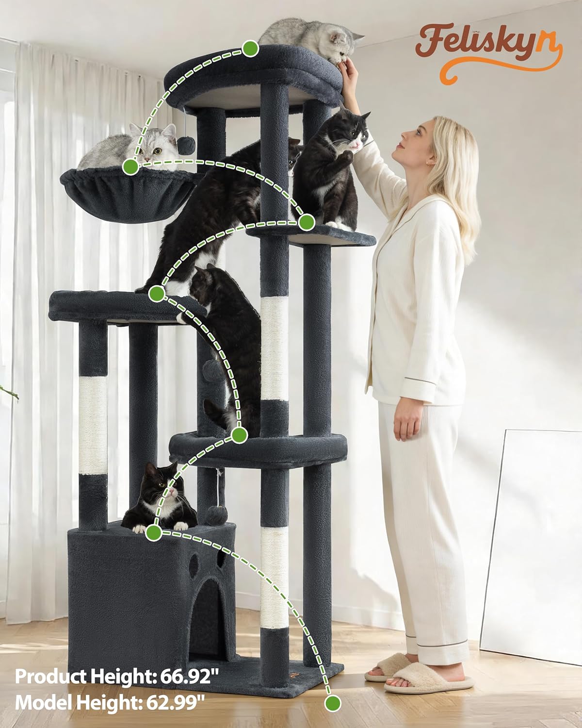Multi-Level Cat Tree Tower for Indoor Cats, 67 inch Tall XL Heavy Duty Climbing Tower with 3 Large Platform, Scratching Post, Hammock, Kitty Condo for Multiple Cats, Extra Large Cat Trees, Dark Grey