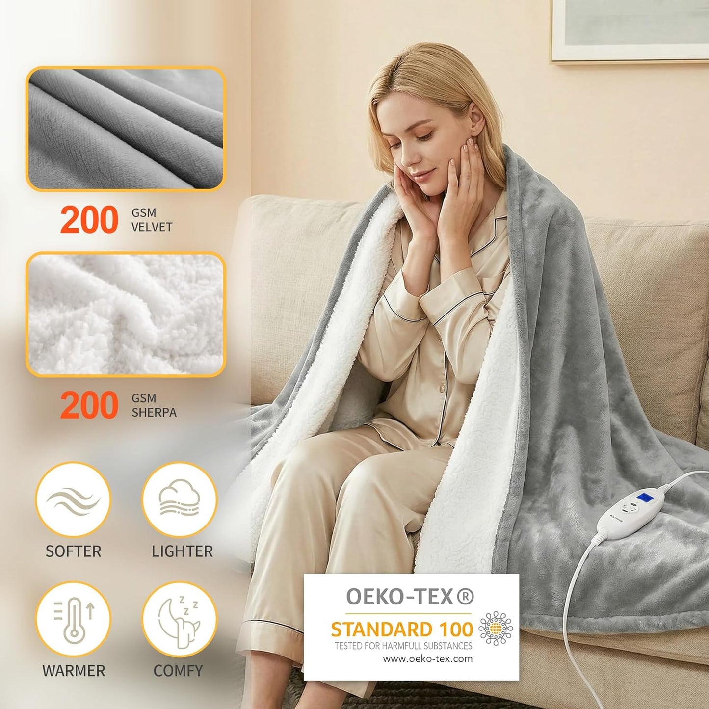 Myiosus Heated Blanket Throw Blanket, Fast Heating Electric Blanket with 9 Heating Levels & 9 Time Settings, Soft Velvet Sherpa Heated Throw, UL & FCC, Warm Gifts for Women & Men (50"x60", Grey)