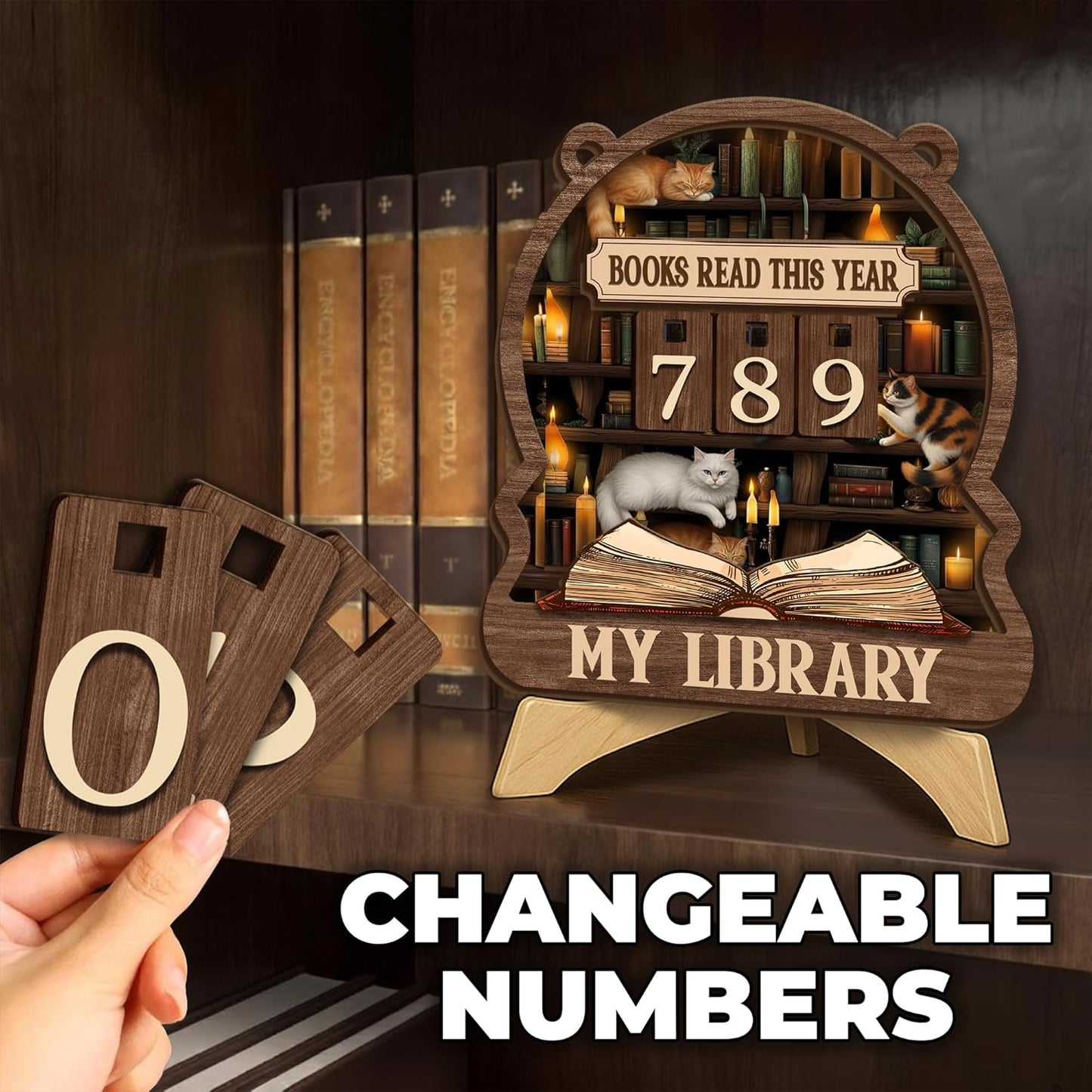 Books Read This Year Counter, Wooden Books Accessories for Book Shelf Decor, Books Reading Tracker Sign with Hanging Chain & Table Stand, Gifts for Book Lover, Reading Challenge Library Bookish Decor